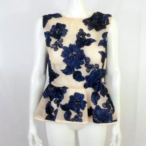 Gracia Sleeveless Peplum Blouse Top Navy Blue Floral Beige Mesh